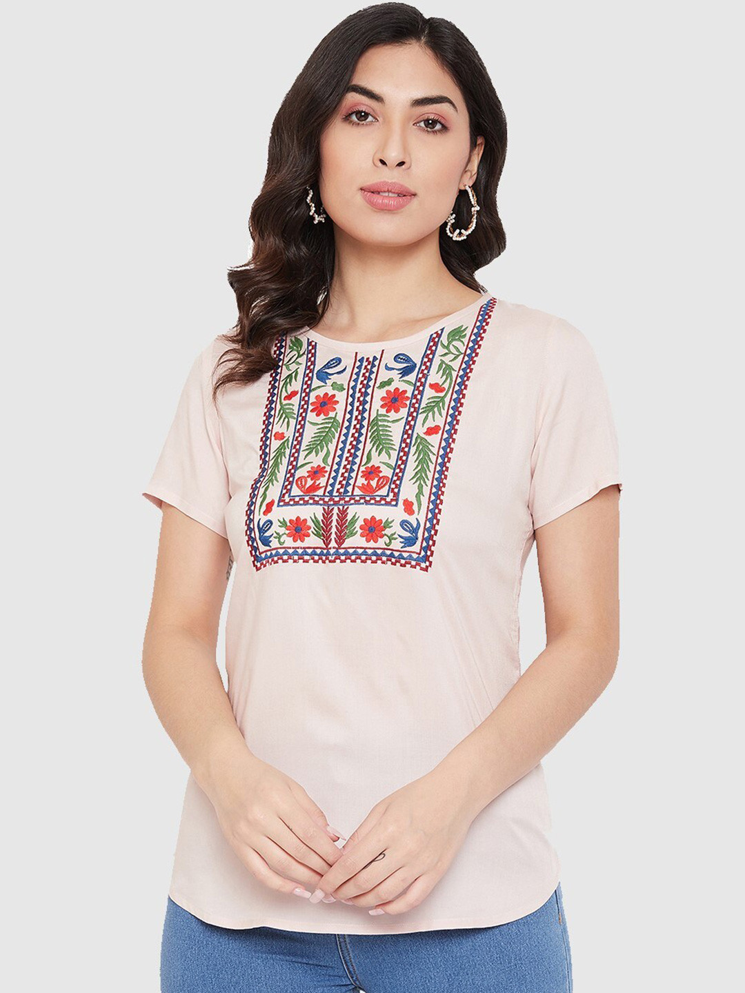 

Ruhaans Floral Embroidered Top, Peach