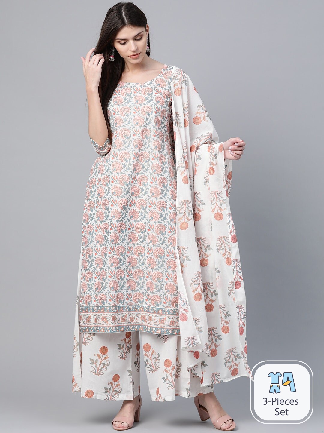 

AKS Floral Printed Straight Pure Cotton Kurta With Palazzos & With Dupatta, White