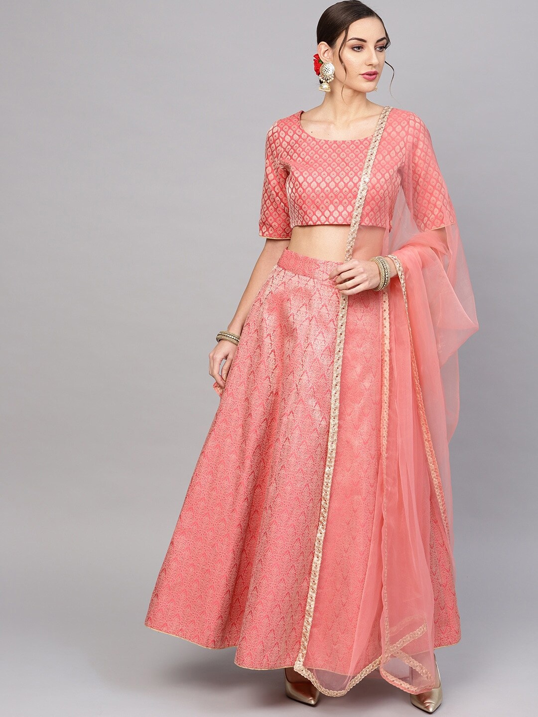 

AKS Ethnic Motifs Woven Design Lehenga & Blouse With Dupatta, Peach