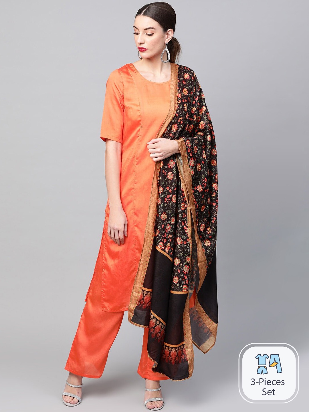 

AKS Round Neck Straight Kurta With Palazzos & Dupatta, Orange