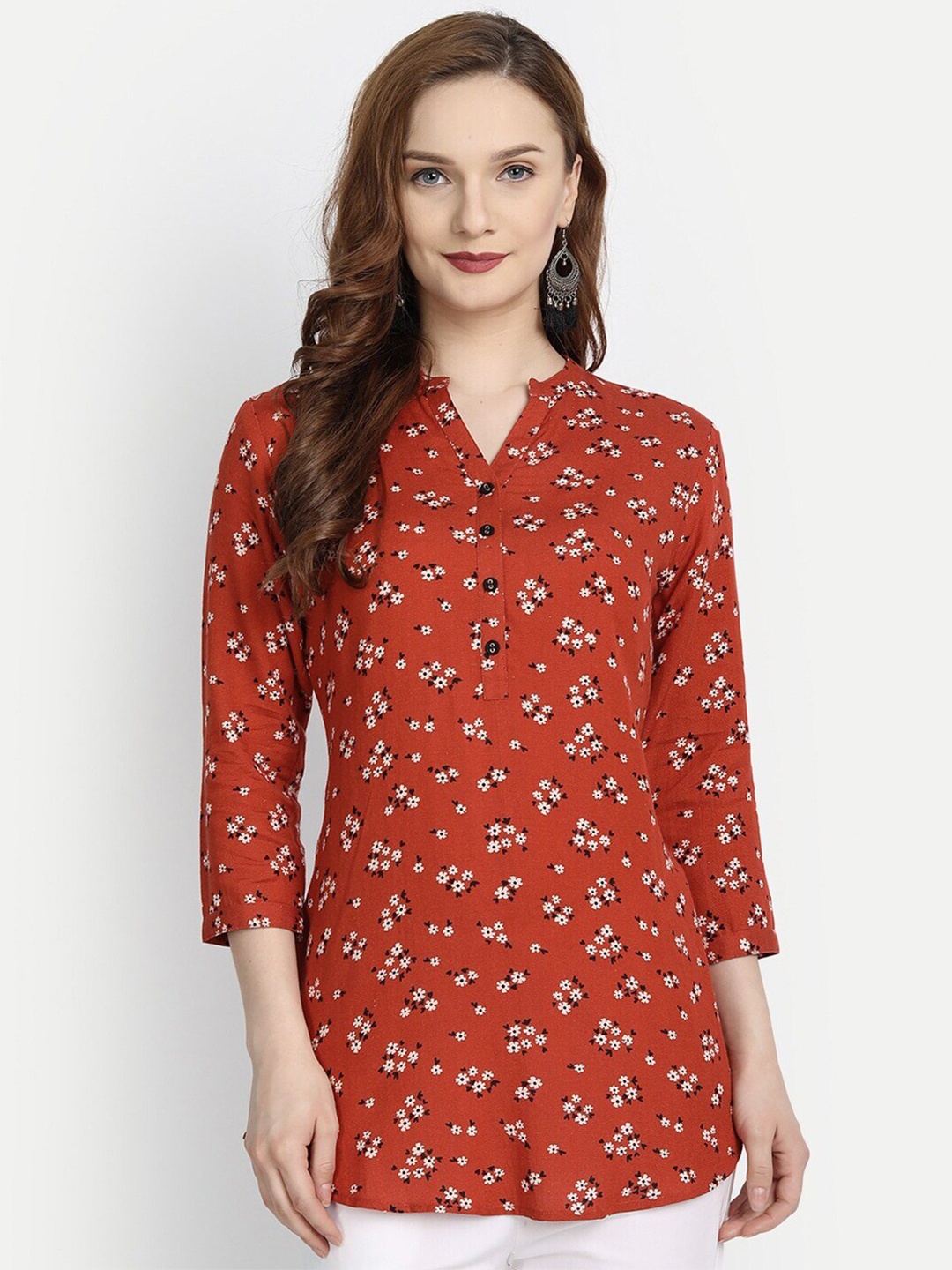 

SUTI Red Floral Printed Mandarin Collar Longline Top, Rust