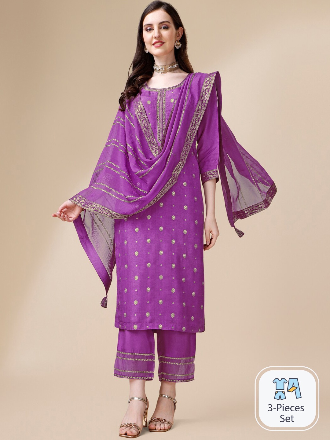 

Seerat Jacquard Silk Straight Kurta With Trousers And Embroidery Dupatta, Purple