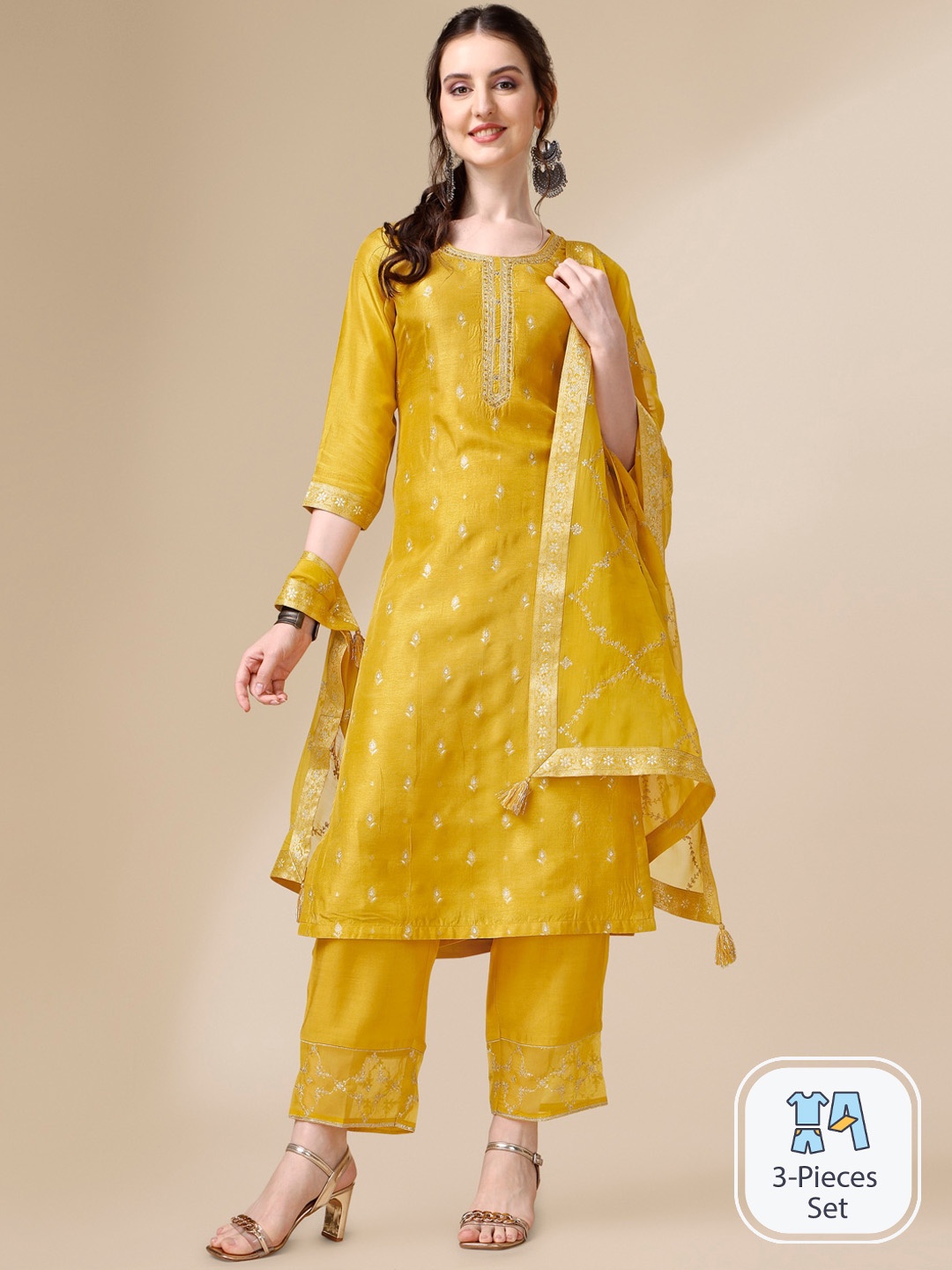 

Seerat Jacquard Dola Silk Straight Kurta With Trousers and Embroidery Dupatta, Yellow