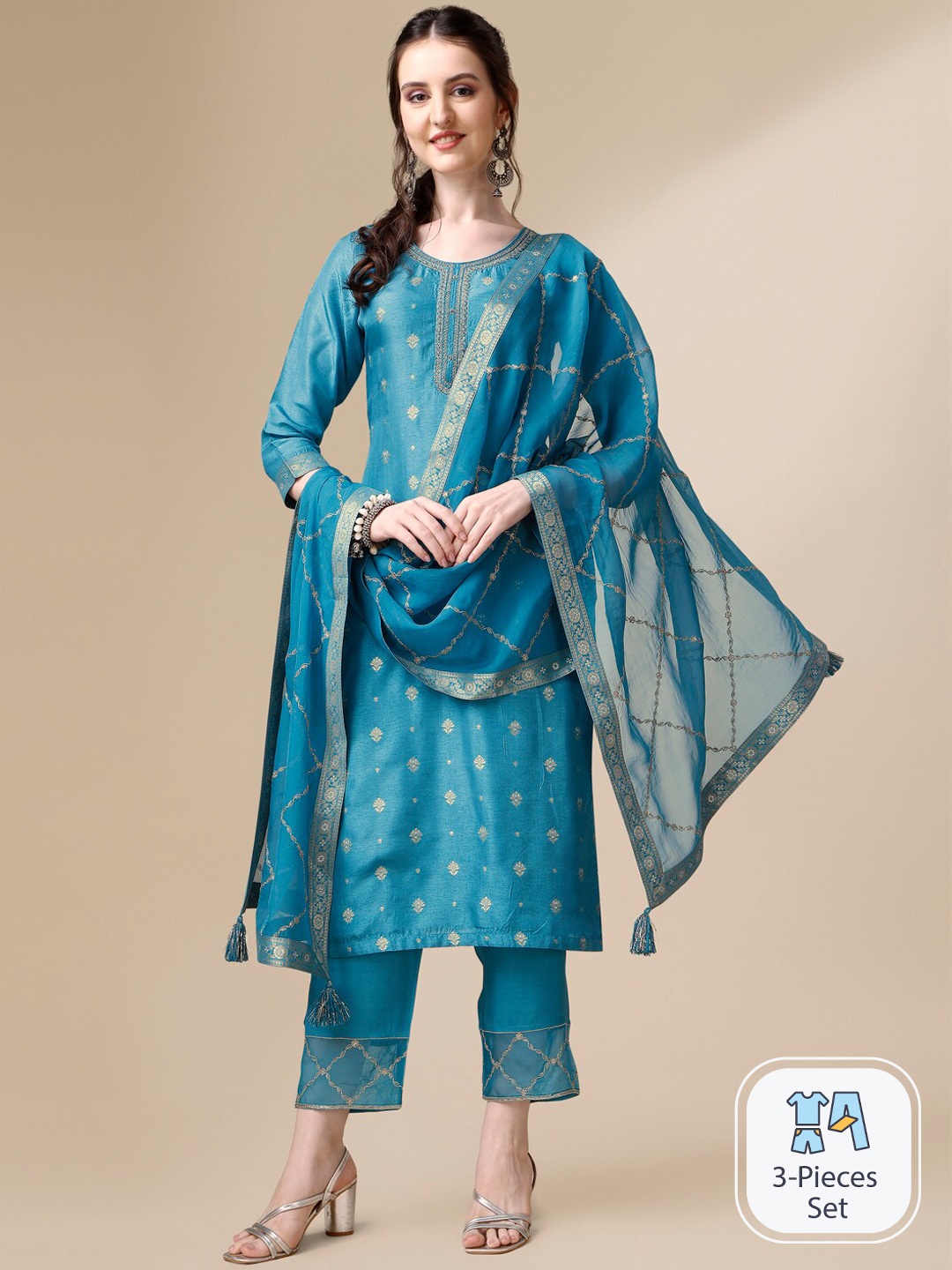 

Seerat Jacquard Dola Silk Straight Kurta With Trousers And Embroidery Dupatta, Teal