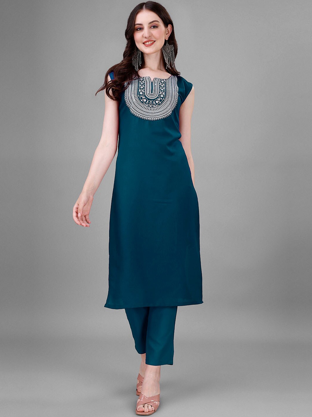 

Femvy Ethnic Motifs Yoke Design Notched Neck Thread Work Straight Kurta & Trousers, Blue