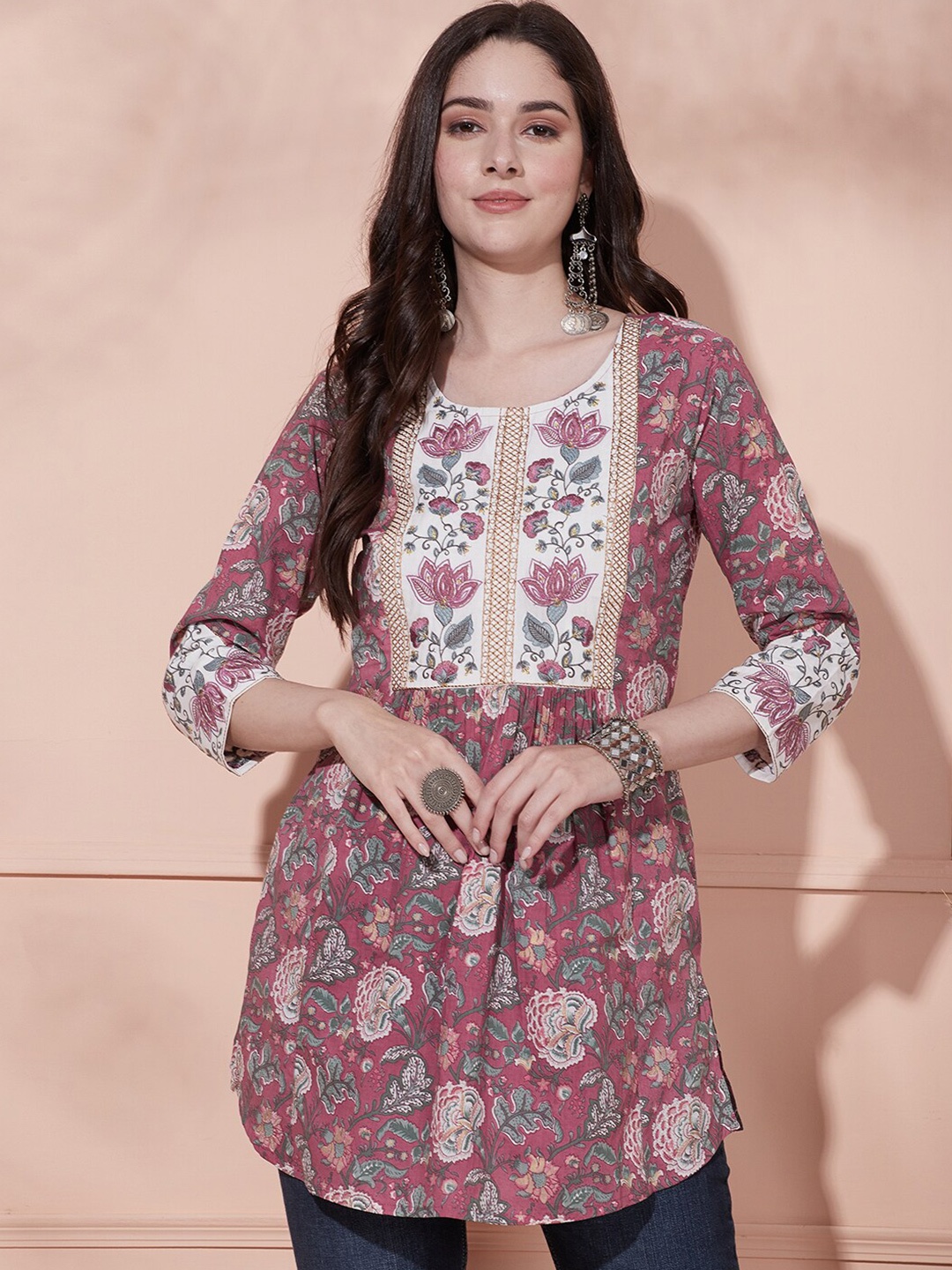 

FASHOR Floral Printed Pure Cotton Pleated A-Line Kurti, Mauve