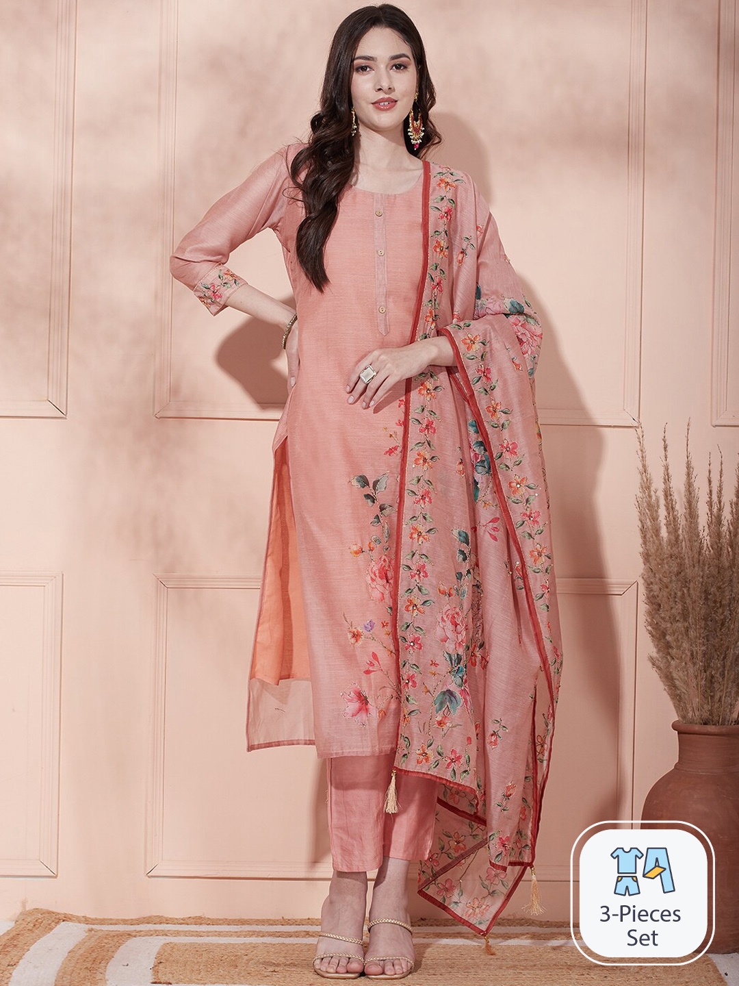 

FASHOR Floral Printed Regular Thread Work Kurta With Trousers & Dupatta, Peach