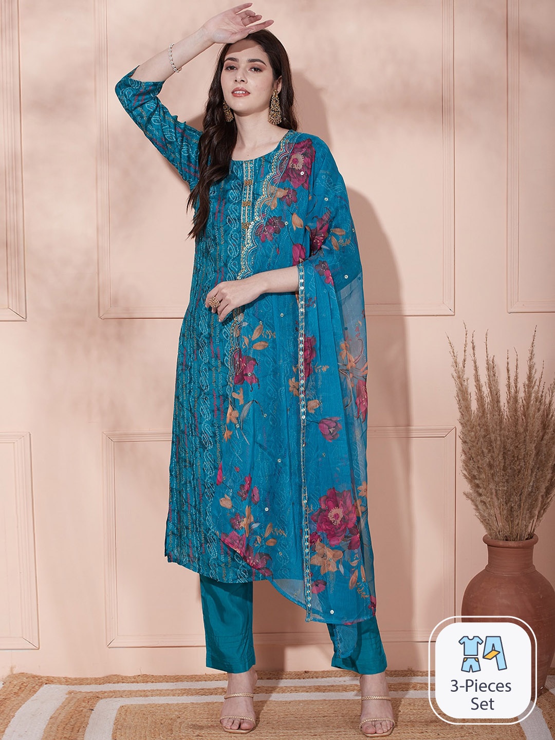 

FASHOR Floral Printed Regular Thread Work Kurta With Trousers & Dupatta, Turquoise blue