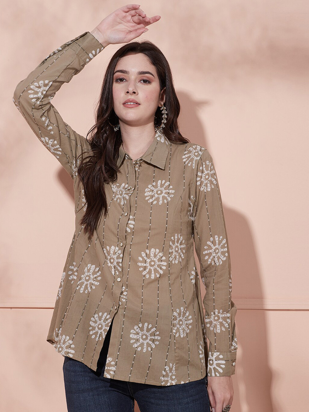 

FASHOR Printed Straight Shirt, Khaki