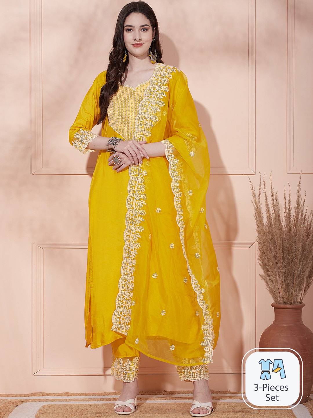 

FASHOR Ethnic Motifs Embroidered Regular Thread Work Kurta With Trousers & Dupatta, Yellow