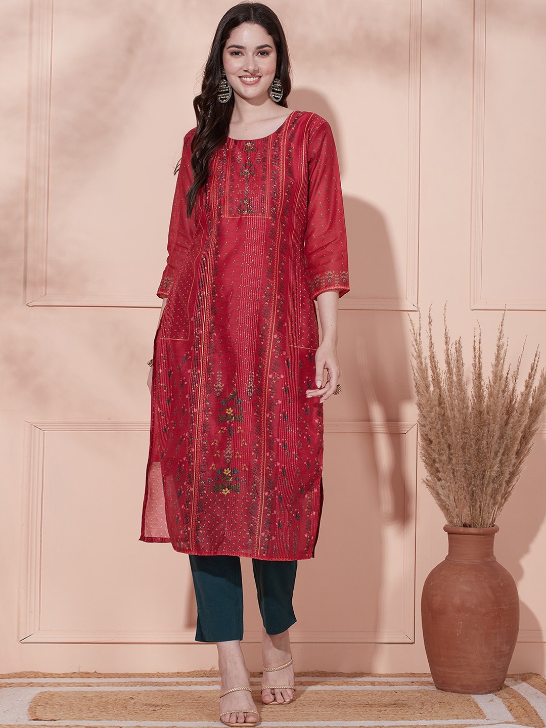 

FASHOR Ethnic Motifs Printed Round Neck Chanderi Silk Straight Kurta, Red