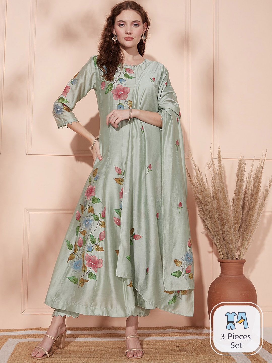 

FASHOR Floral Printed Regular Kurta With Trousers & Dupatta, Green