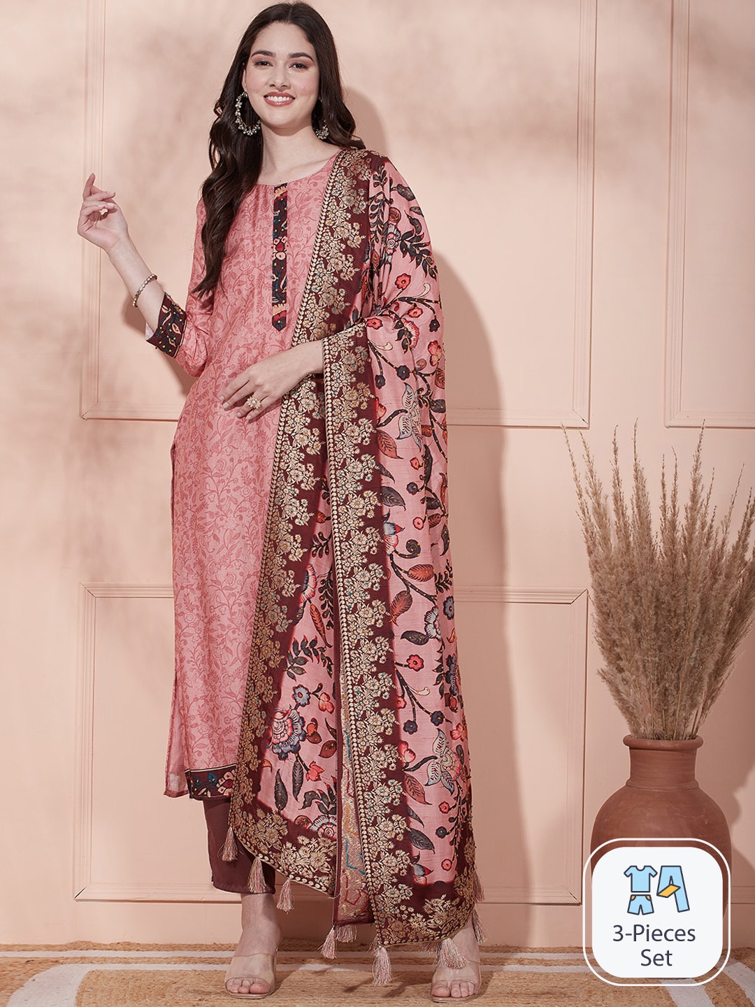 

FASHOR Ethnic Motifs Printed Chanderi Silk Straight Kurta With Dupatta, Peach