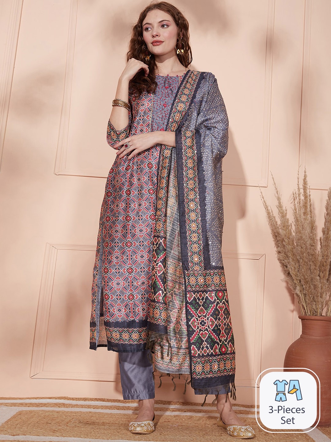 

FASHOR Ethnic Motifs Printed Gotta Patti Kurta with Trousers & Dupatta, Blue