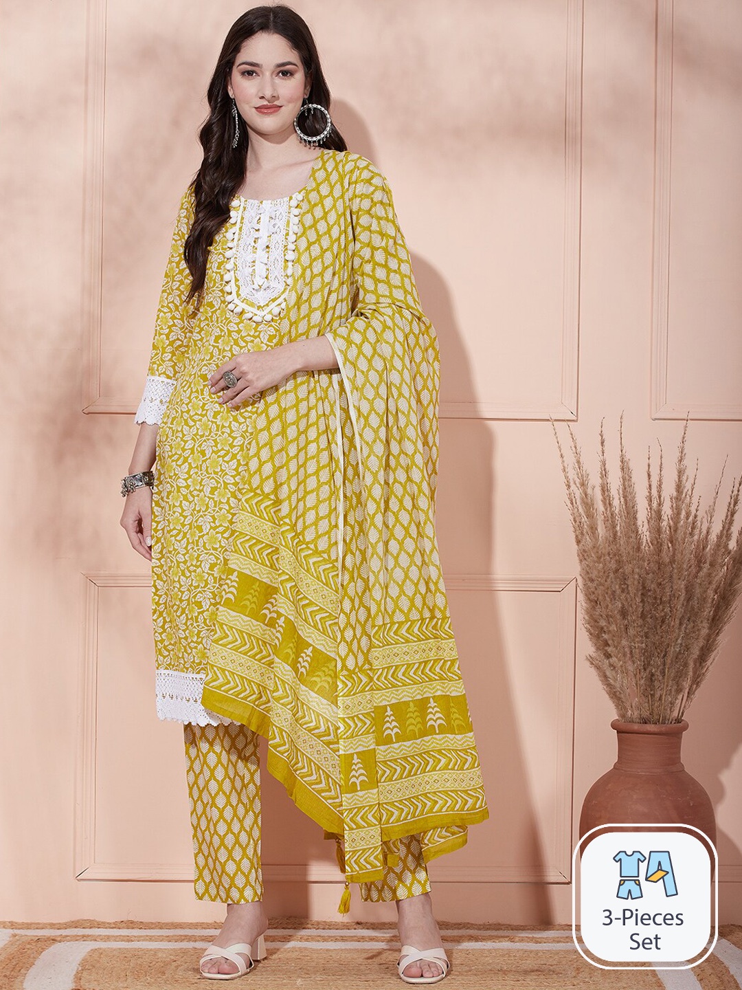 

FASHOR Floral Printed Pure Cotton Kurta with Trousers & Dupatta, Green