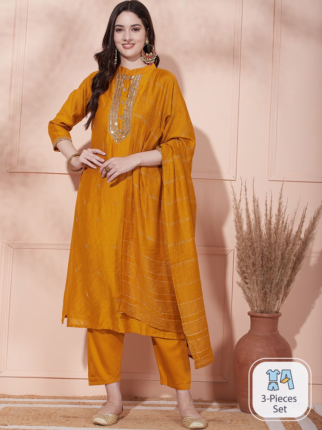 

FASHOR Floral Embroidered Zardozi Kurta with Trousers & Dupatta, Mustard