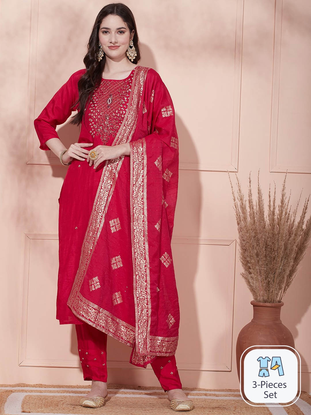 

FASHOR Ethnic Motifs Yoke Design Thread Work Kurta with Trousers & Dupatta, Fuchsia