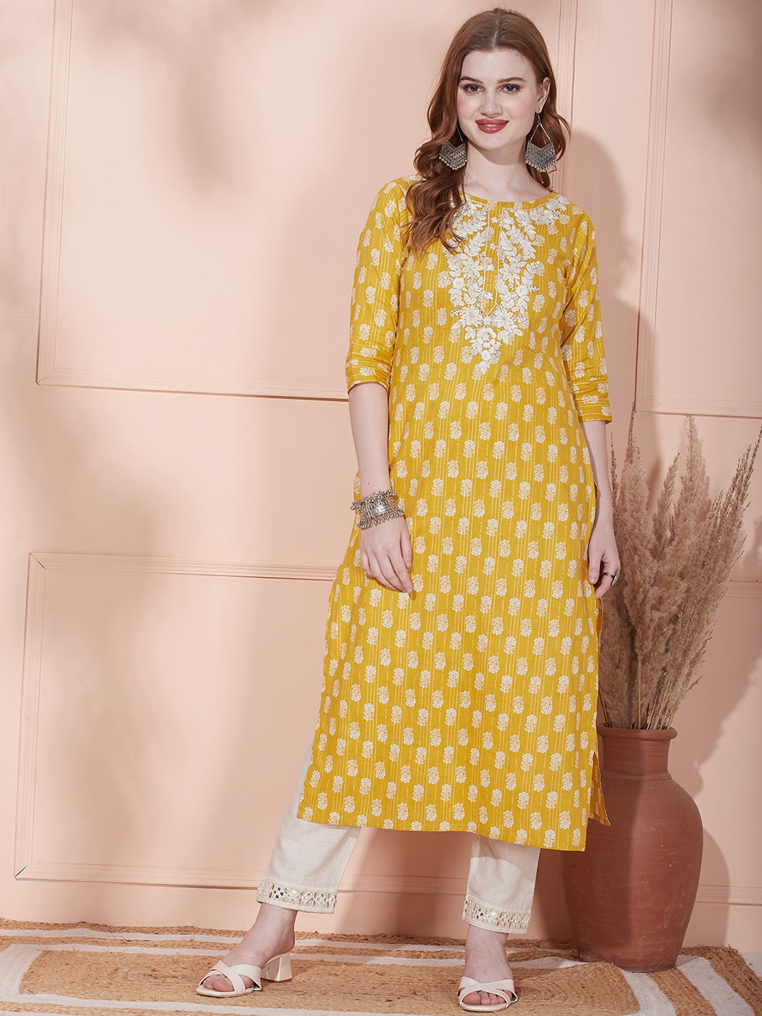 

FASHOR Floral Printed Thread Work Pure Cotton Straight Kurta, Yellow