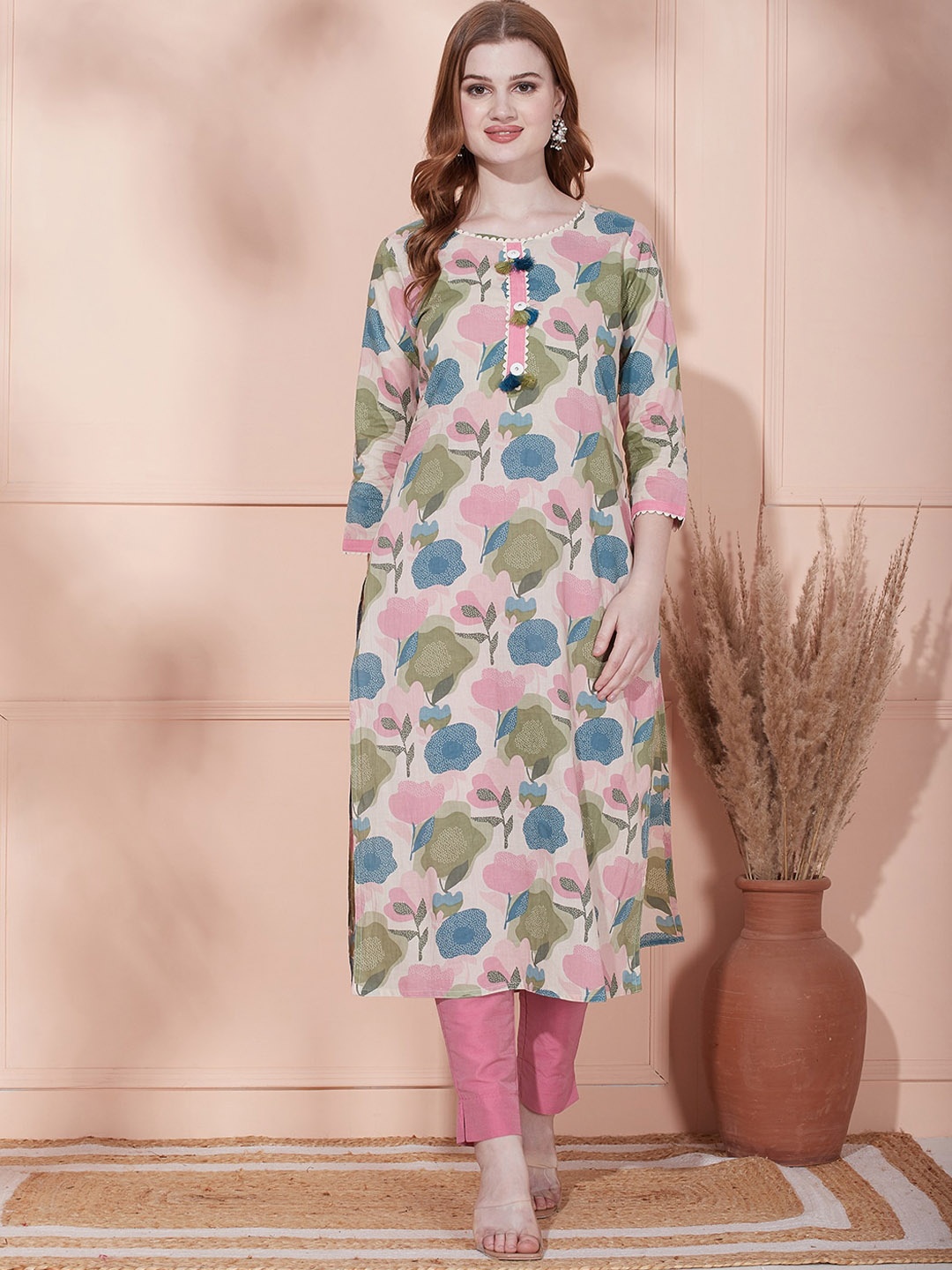 

FASHOR Floral Printed Thread Work Pure Cotton Straight Kurta, Cream