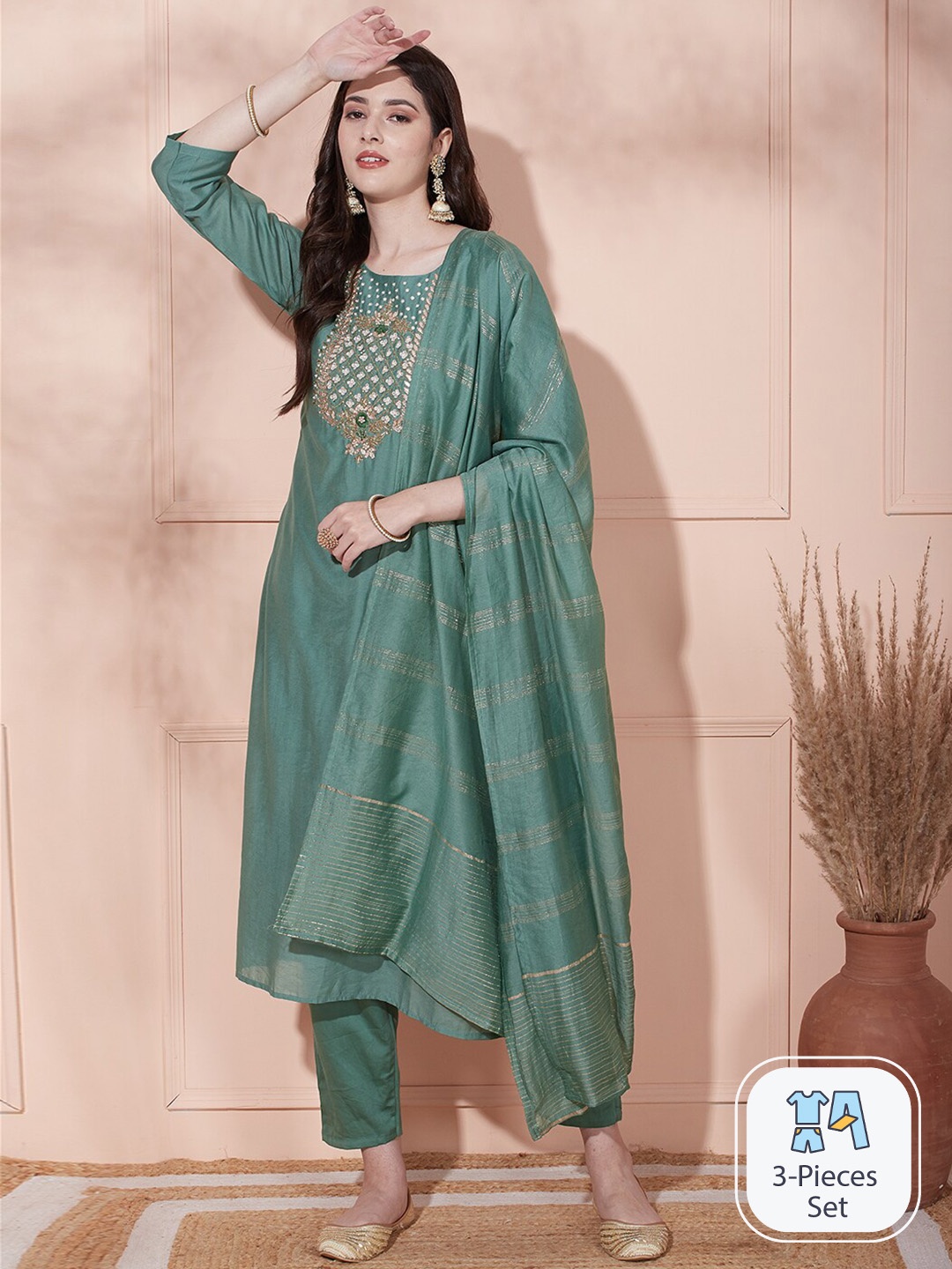 

FASHOR Floral Embroidered Yoke Design Thread Work Kurta with Trousers & Dupatta, Green