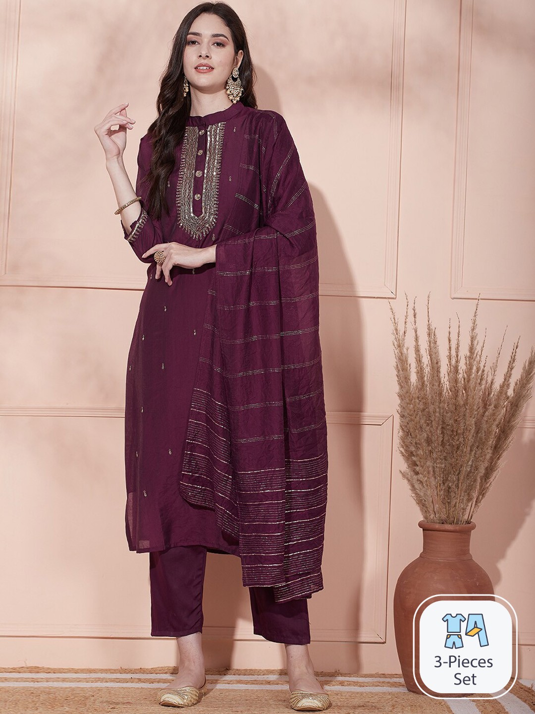

FASHOR Band Collar Ethnic Motif Embroidered Kurta Thread Work with Trousers & Dupatta, Purple