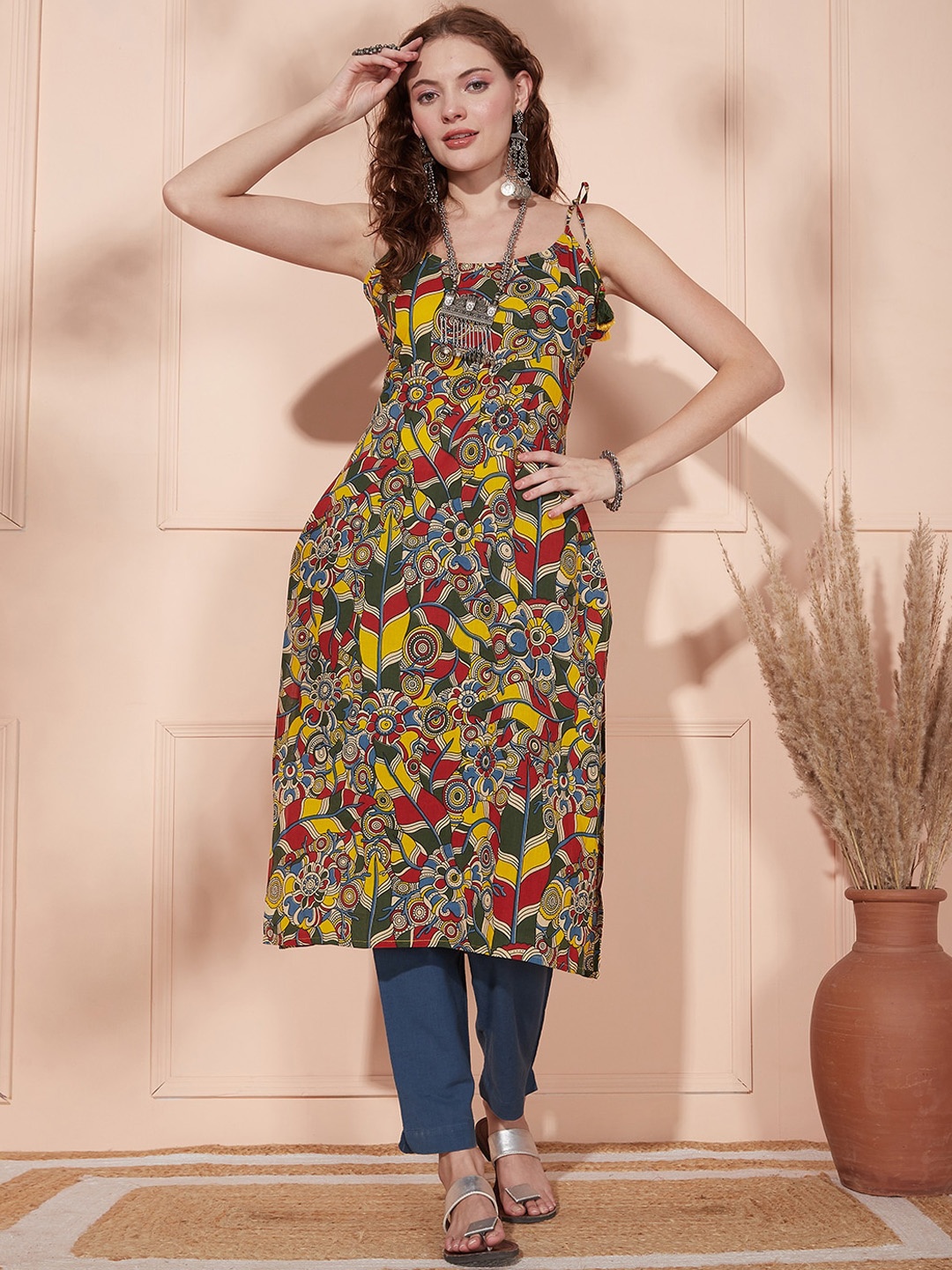 

FASHOR Floral Printed Shoulder Straps Pure Cotton Straight Kurta, Green