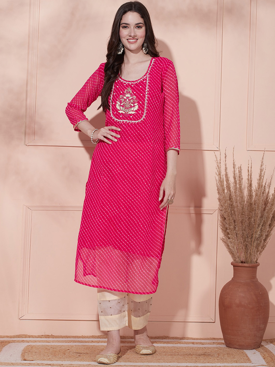 

FASHOR Leheriya Printed Thread Work Georgette Straight Kurta, Pink