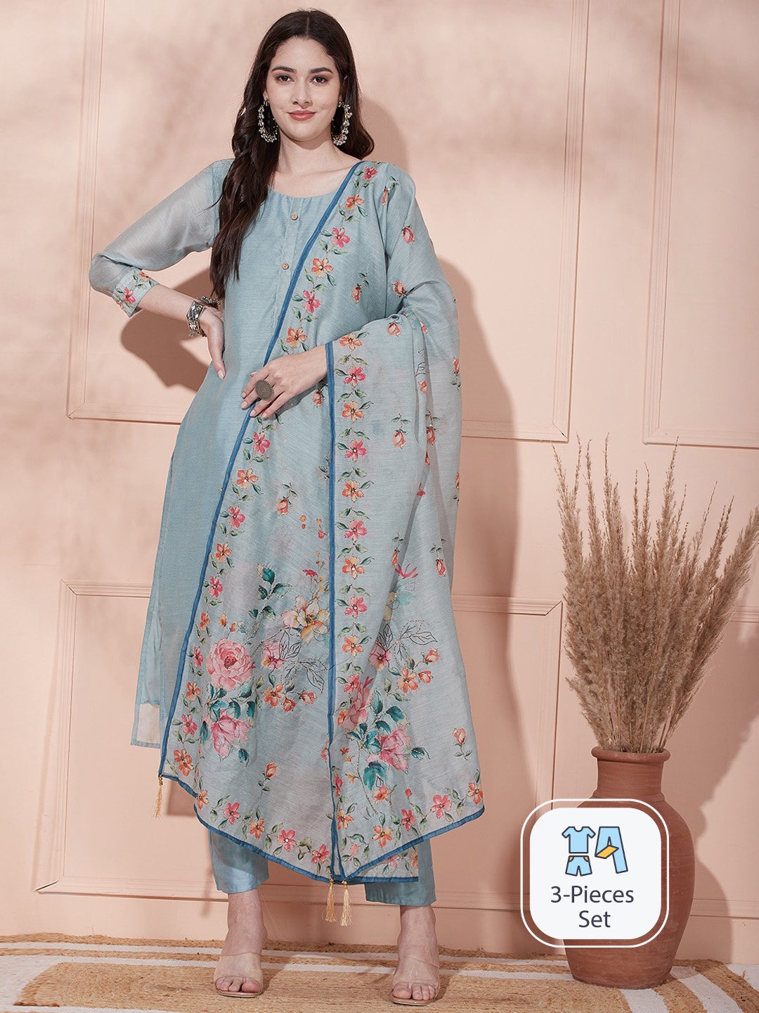 

FASHOR Round Neck Regular Kurta with Trousers & Dupatta, Blue