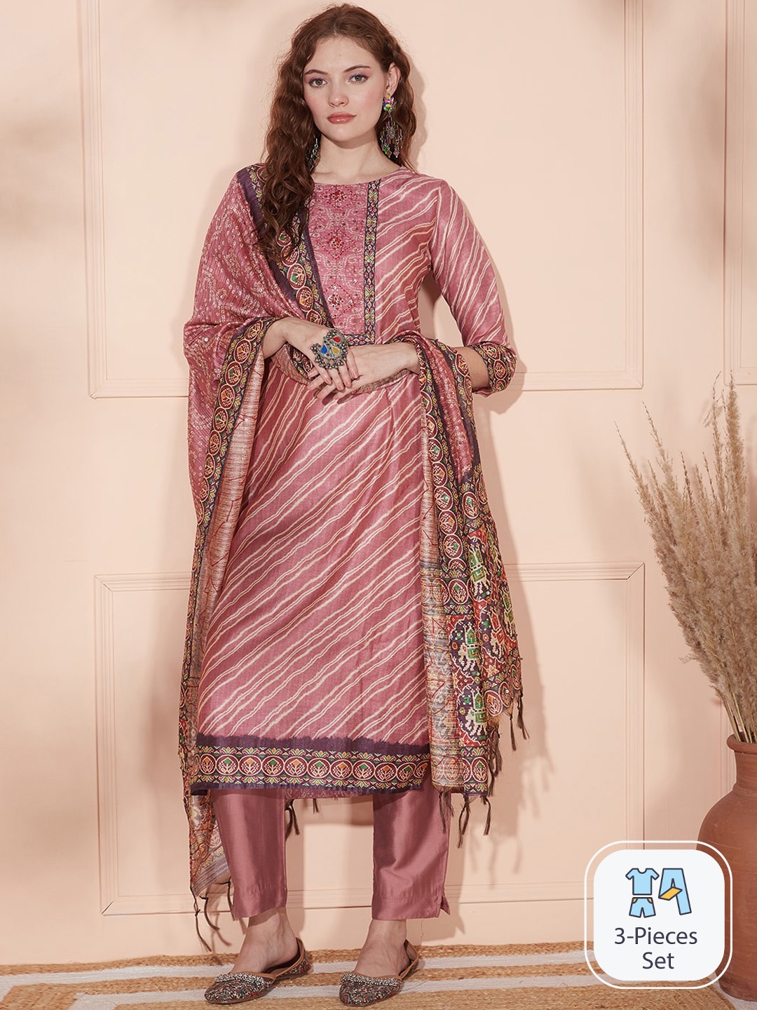 

FASHOR Striped Printed Regular Sequinned Kurta with Trousers & Dupatta, Mauve