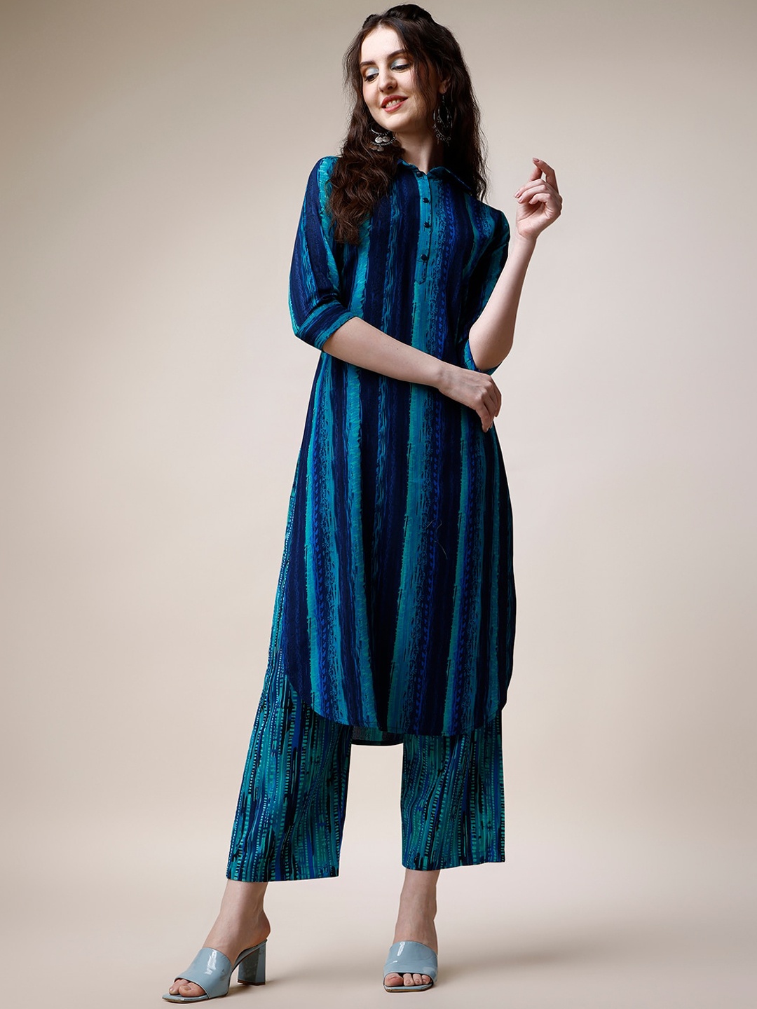 

KALINI Striped Regular Kurta With Trousers, Blue