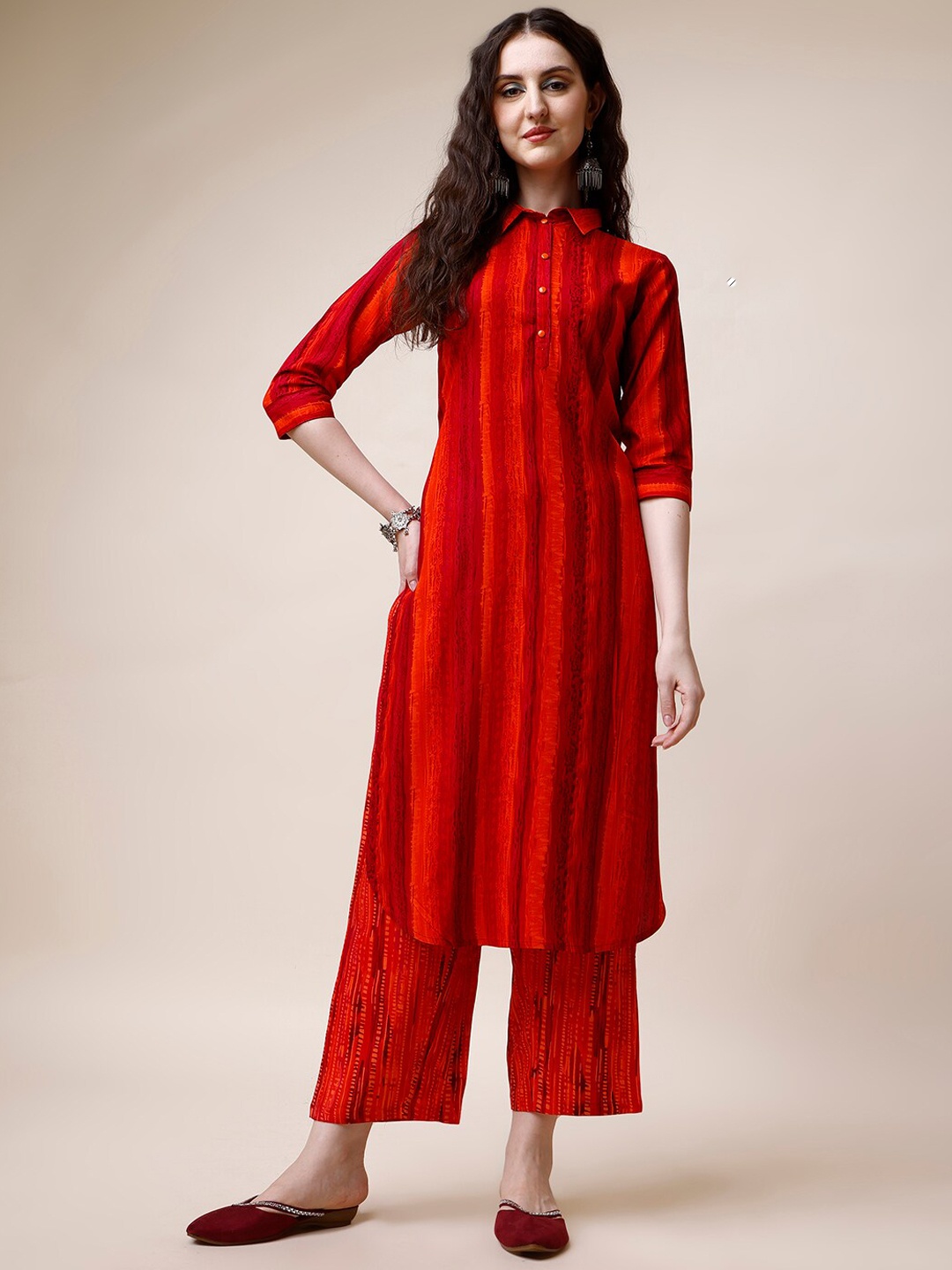 

KALINI Striped Regular Kurta With Trousers, Red