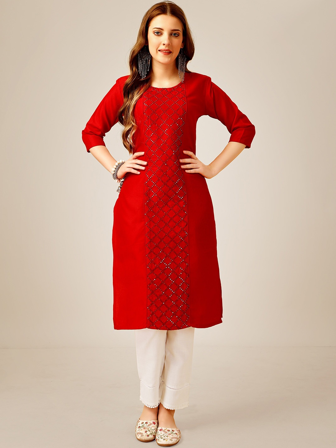 

Riddhi Textile Hub Self Design Sequinned Kurta With Trousers, Red
