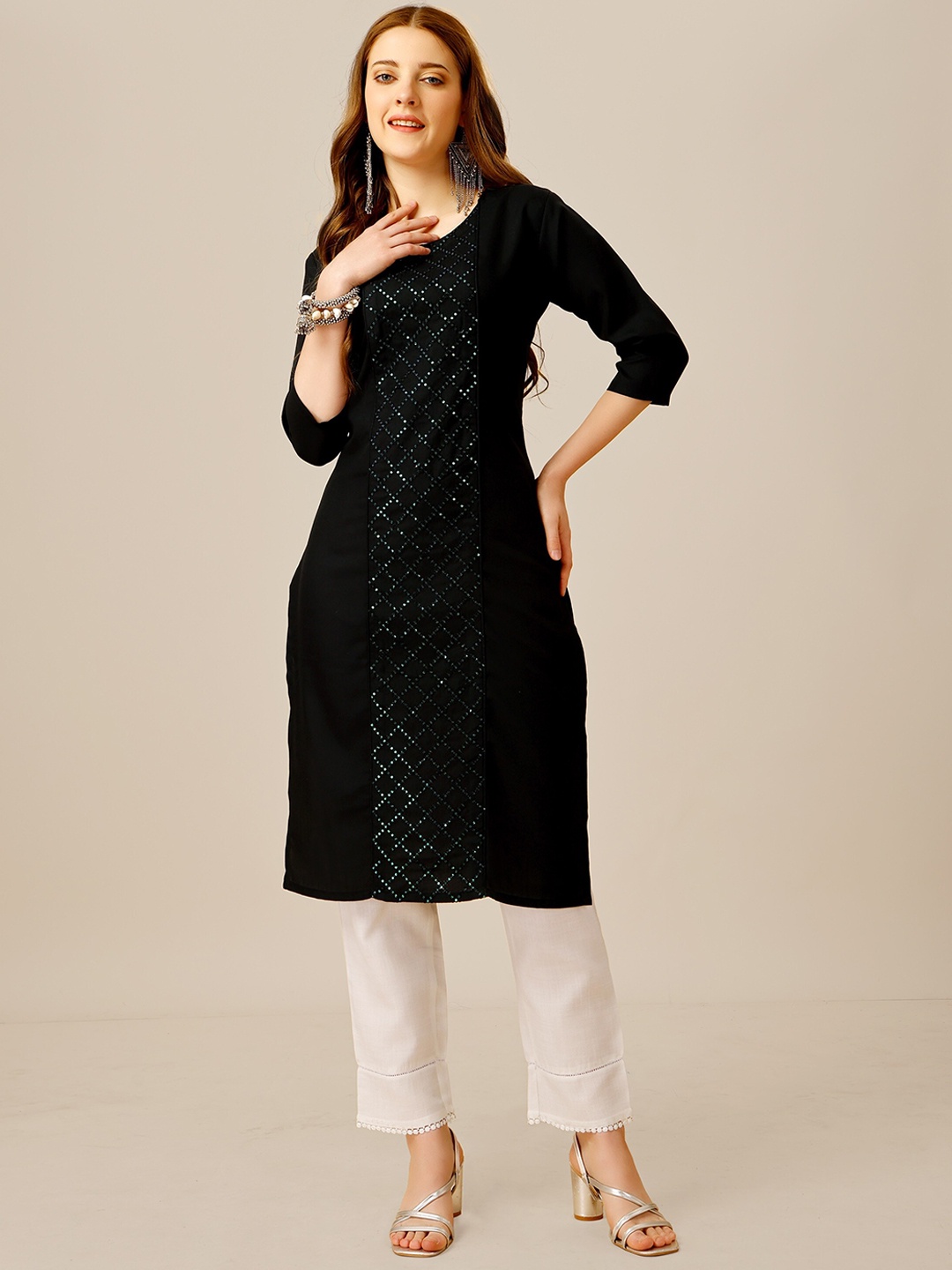 

Riddhi Textile Hub Self Design Sequinned Kurta With Trousers, Black