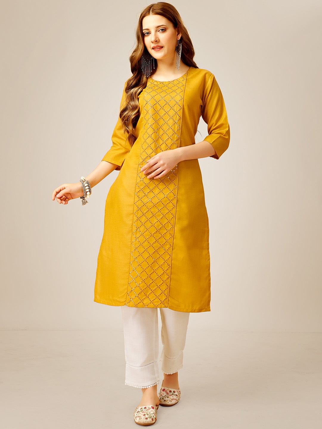 

Riddhi Textile Hub Self Design Sequinned Kurta With Trousers, Yellow