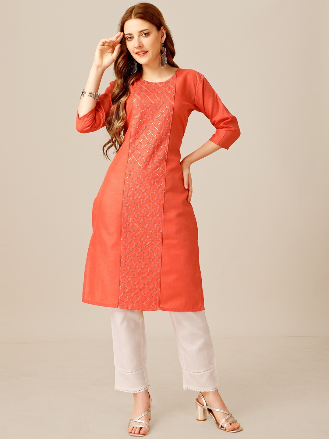 

Riddhi Textile Hub Self Design Sequinned Kurta With Trousers, Coral