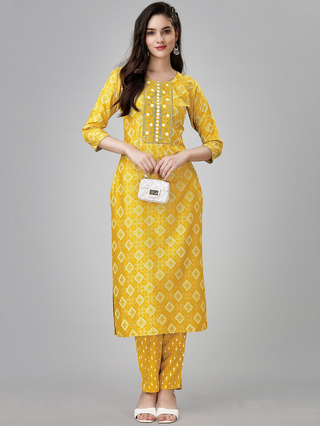 

Riddhi Textile Hub Bandhani Printed Regular Gotta Patti Kurta with Trousers, Yellow