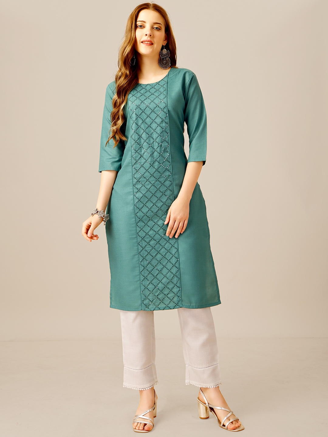 

Riddhi Textile Hub Self Design Sequinned Kurta With Trousers, Teal