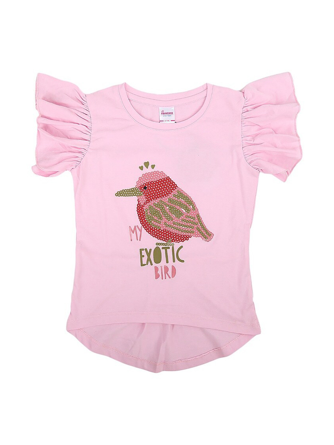 

V-Mart Girls Graphic Printed Flutter Sleeves Embellished Cotton T-shirt, Pink