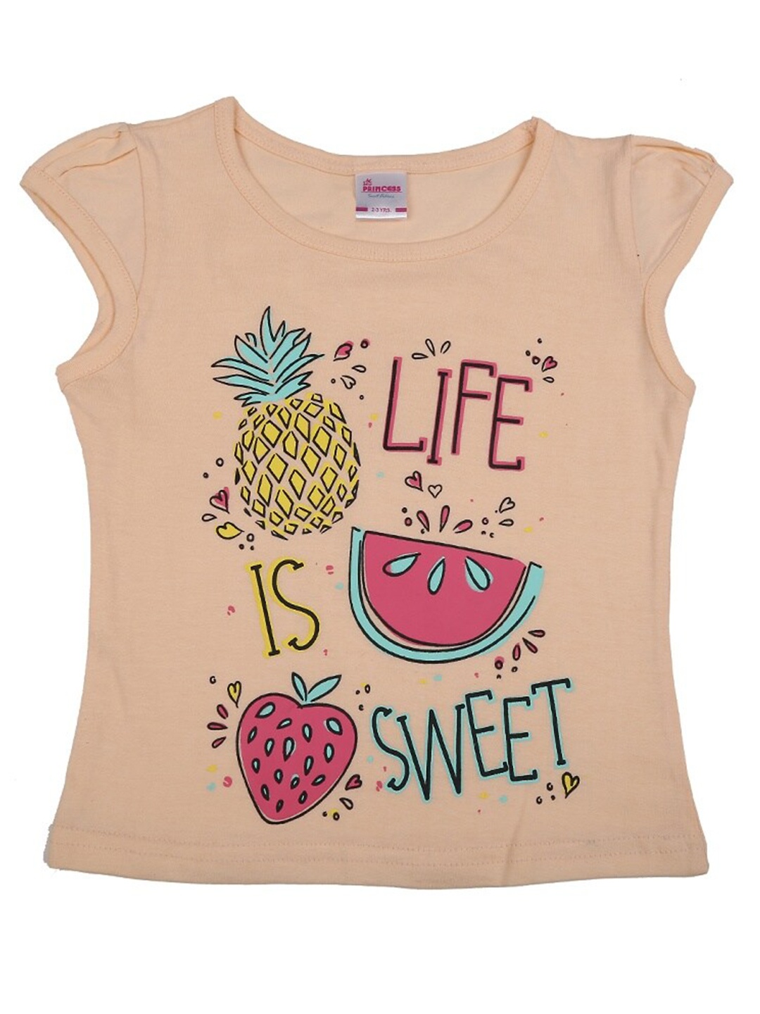 

V-Mart Girls Graphic Printed Cap Sleeves Cotton T-shirt, Peach
