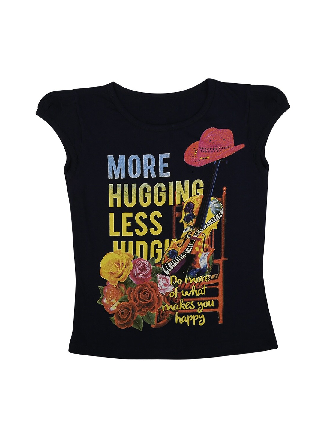 

V-Mart Girls Typography Printed Cap Sleeves Cotton T-Shirt, Navy blue