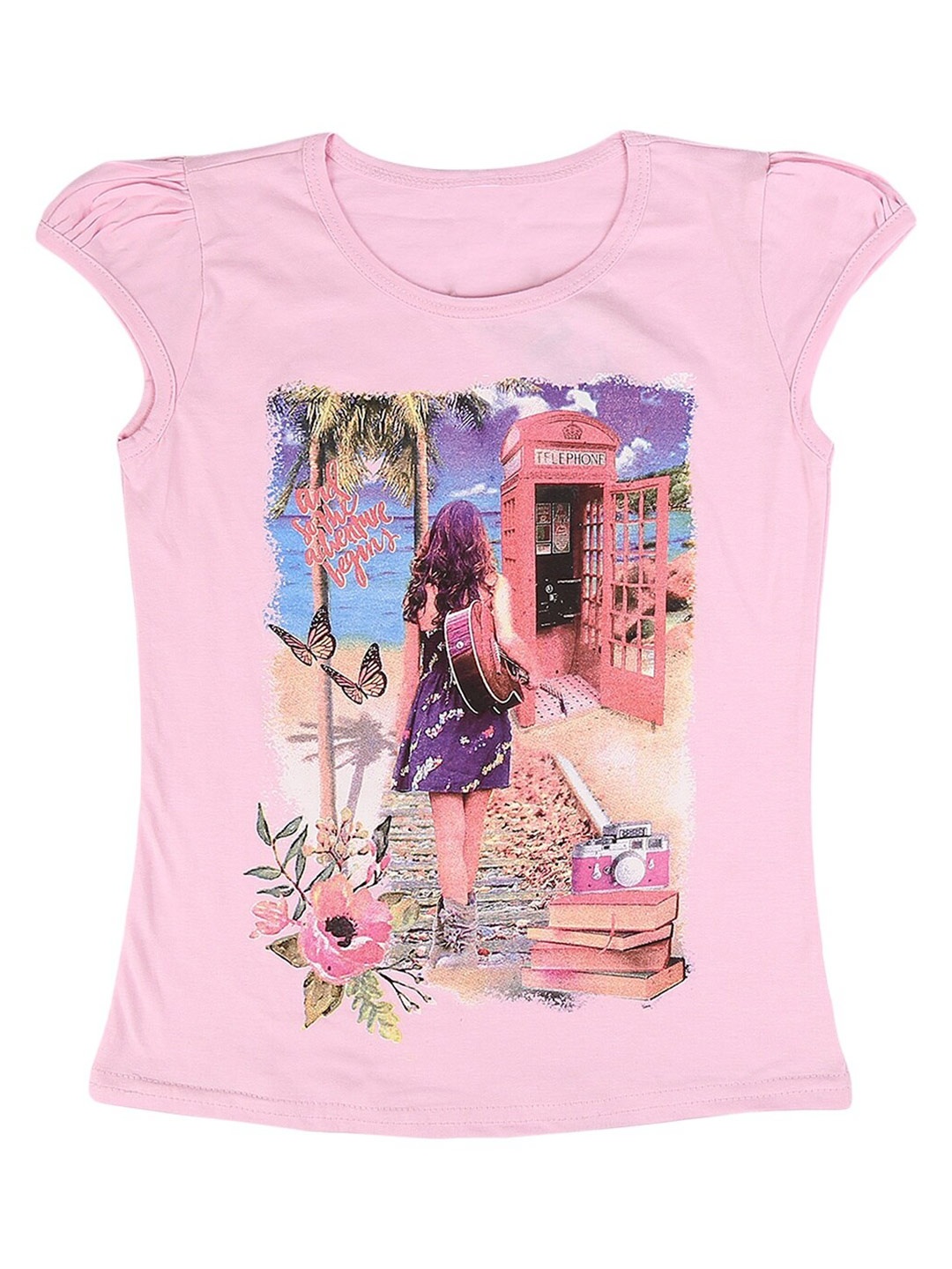 

V-Mart Girls People & places Printed Cap Sleeves Cotton T-shirt, Pink