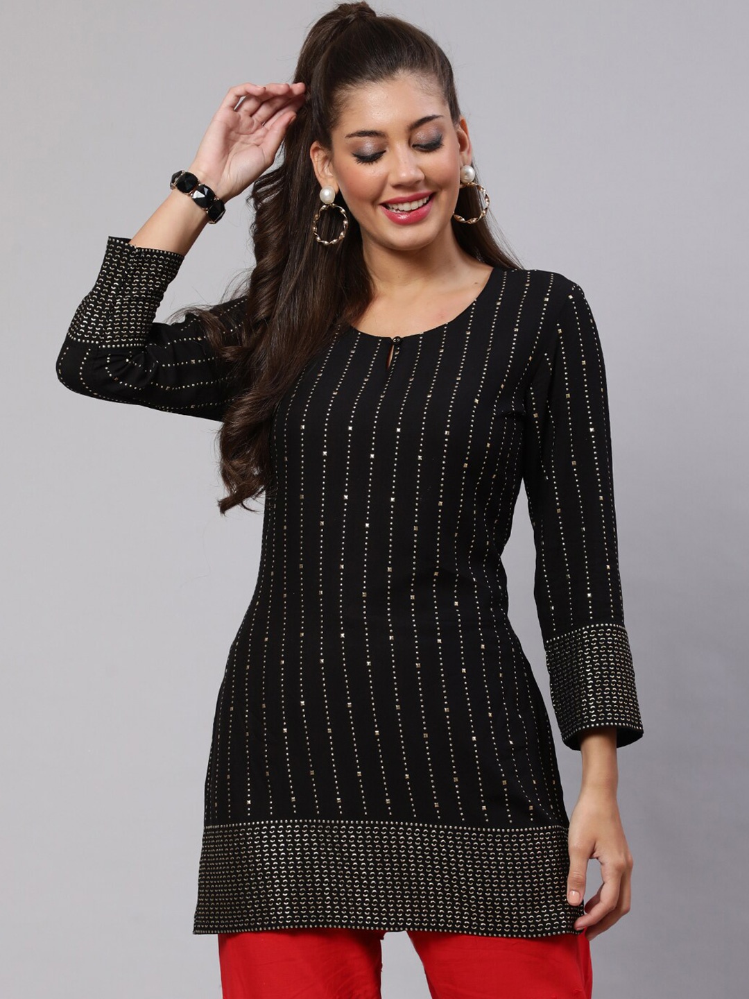 

AKIMIA Embosing Striped Self Design Straight Kurti, Black