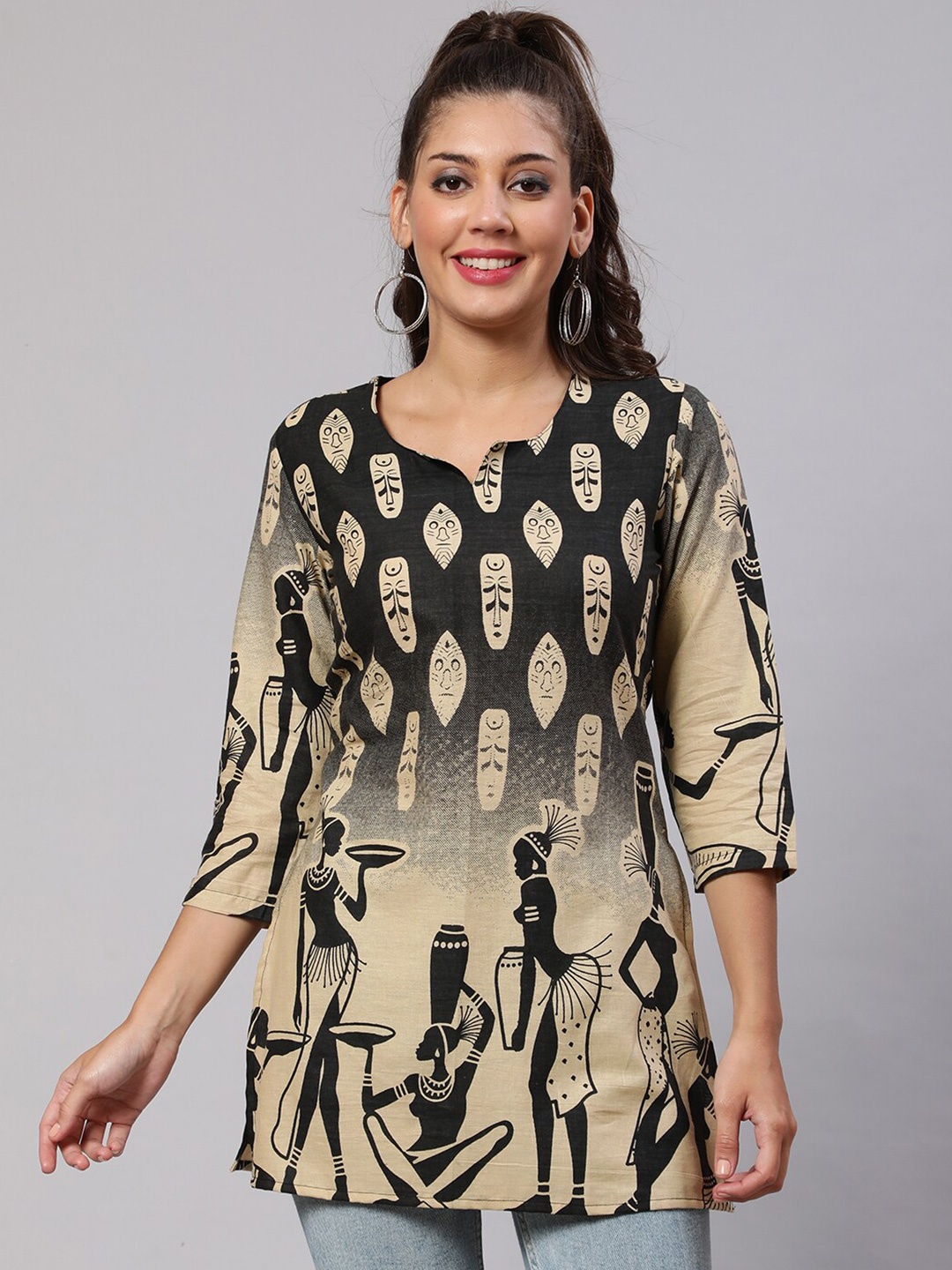 

AKIMIA Tribal Printed Pure Cotton Straight Kurti, Black