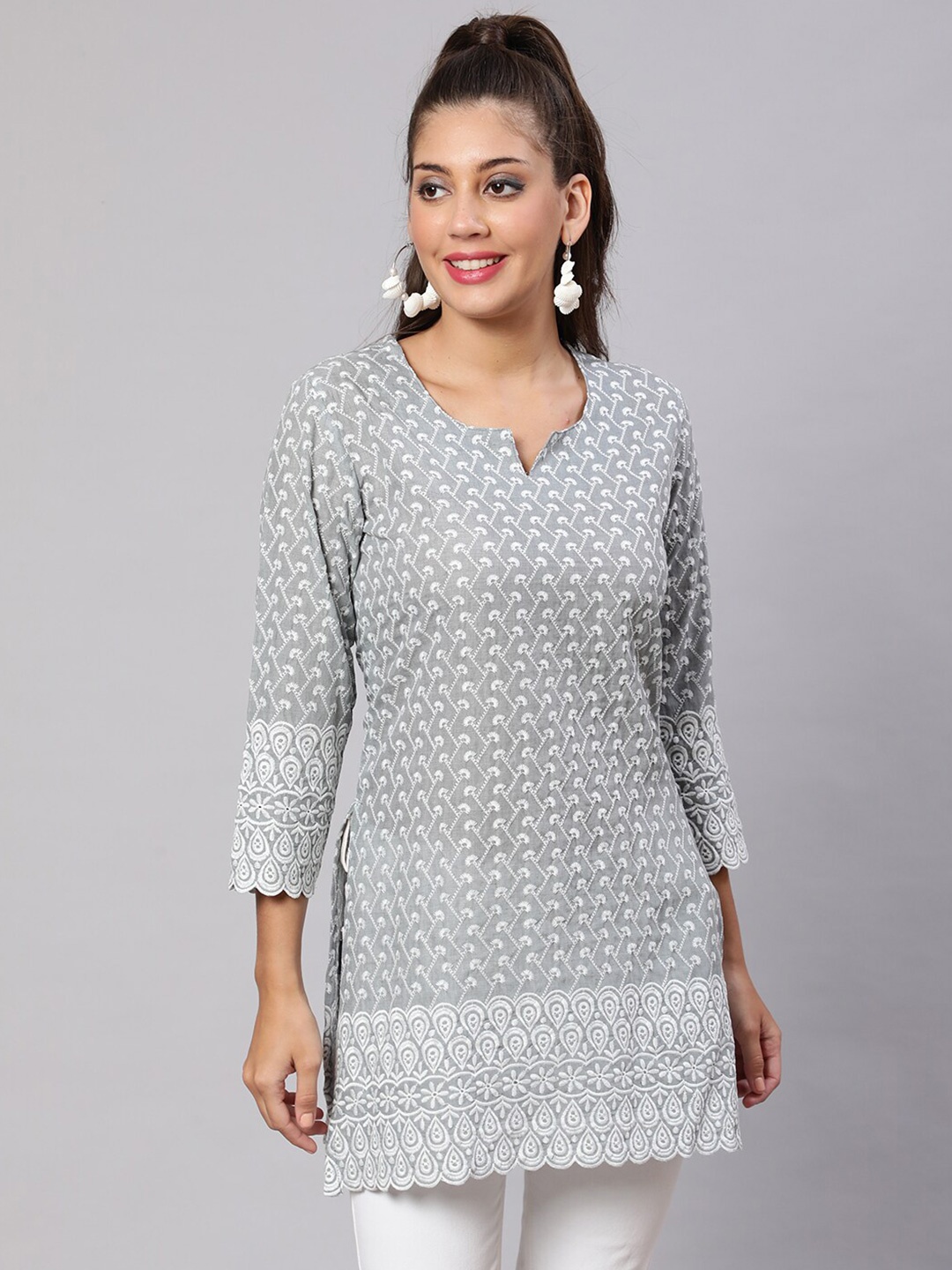 

AKIMIA Ethnic Motifs Embroidered Pure Cotton Kurti, Grey