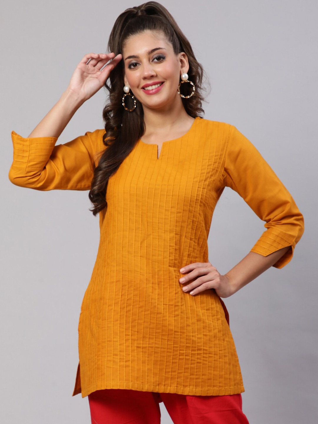 

AKIMIA Round Neck Pintucks Detail Pure Cotton Kurti, Mustard