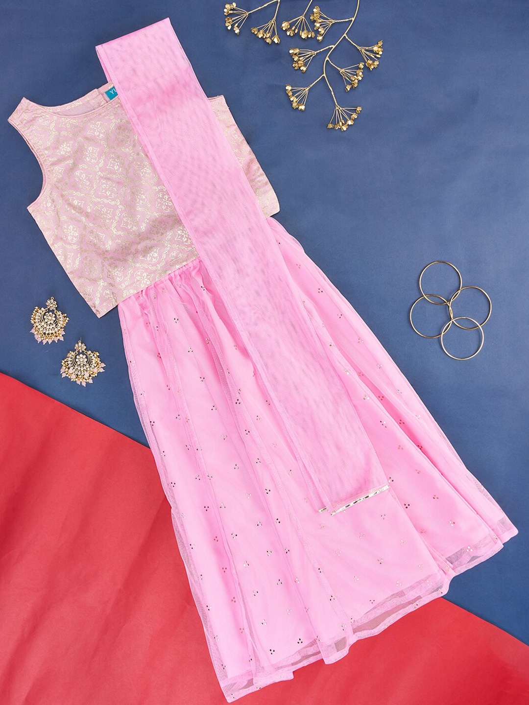 

YU by Pantaloons Girls Printed Ready to Wear Lehenga & Blouse With Dupatta, Pink
