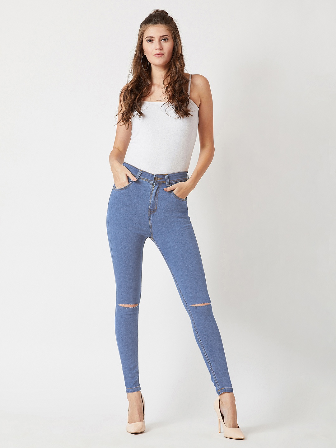 

DOLCE CRUDO Skinny Fit High Rise Slash Knee Jeans, Blue