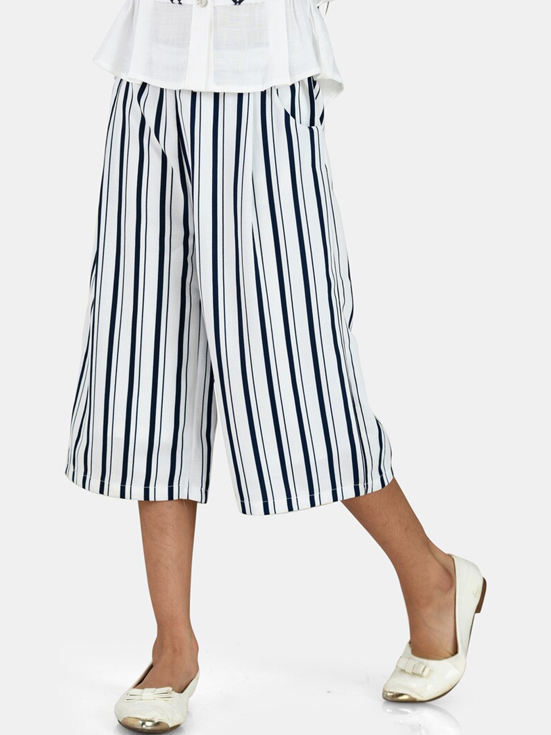 

Peppermint Girls Striped Relaxed Flared High-Rise Culottes Trousers, Off white