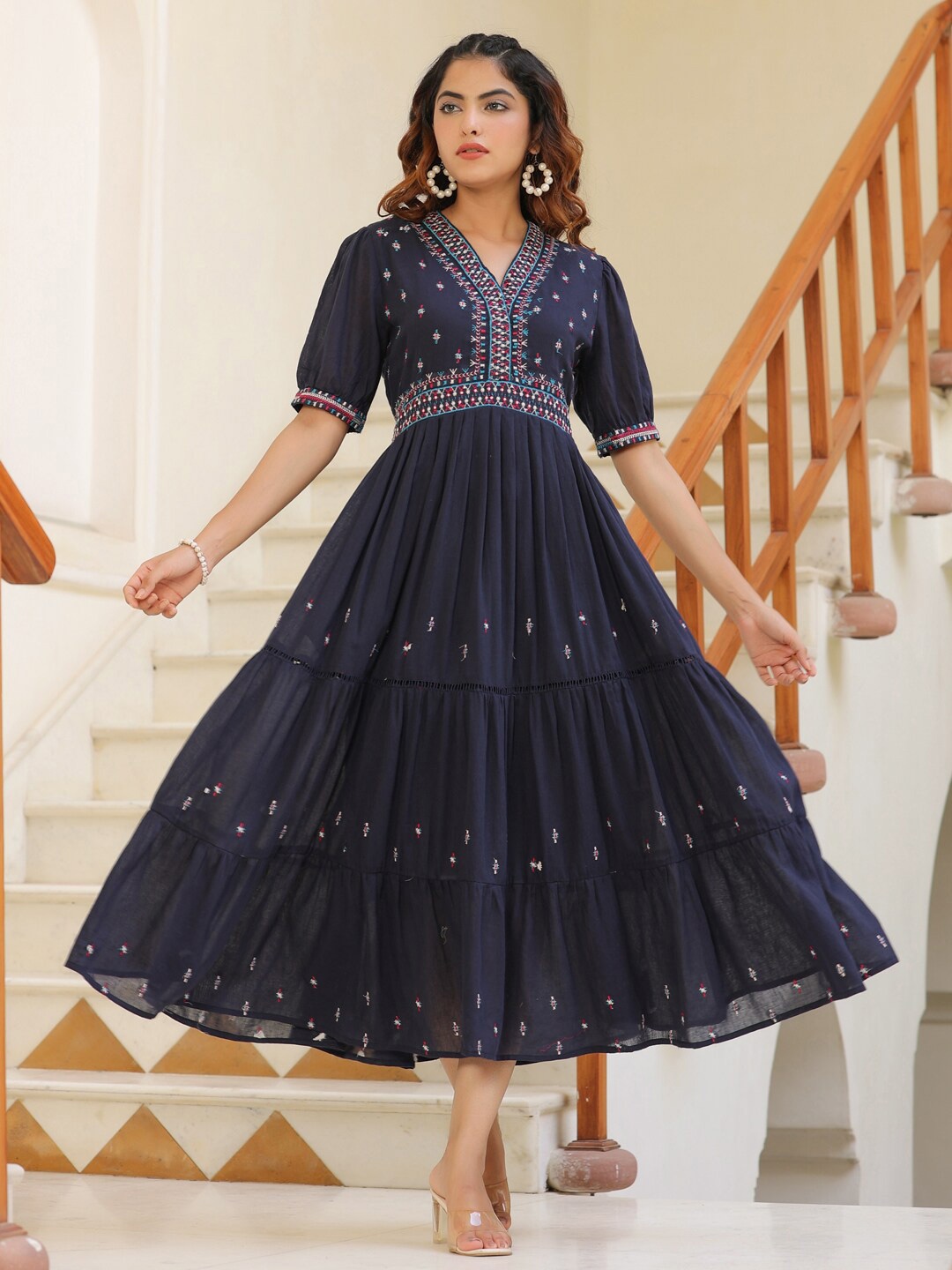 

Aadews Ethnic Motifs Embroidered V-Neck Puff Sleeves Tiered Ethnic Dress, Navy blue