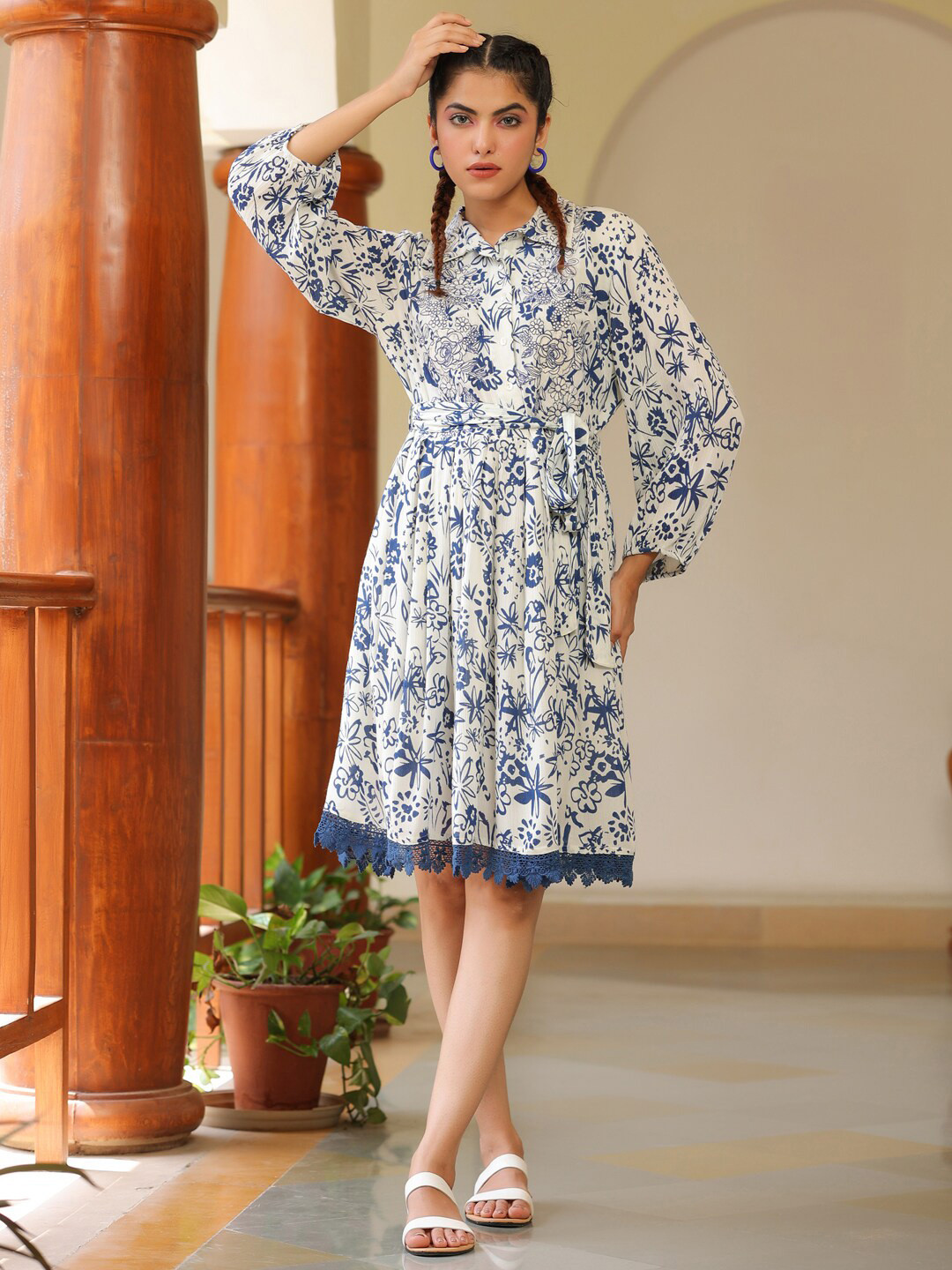

Aadews Floral Printed Shirt Collar Puff Sleeves Fit & Flare Dress, Blue
